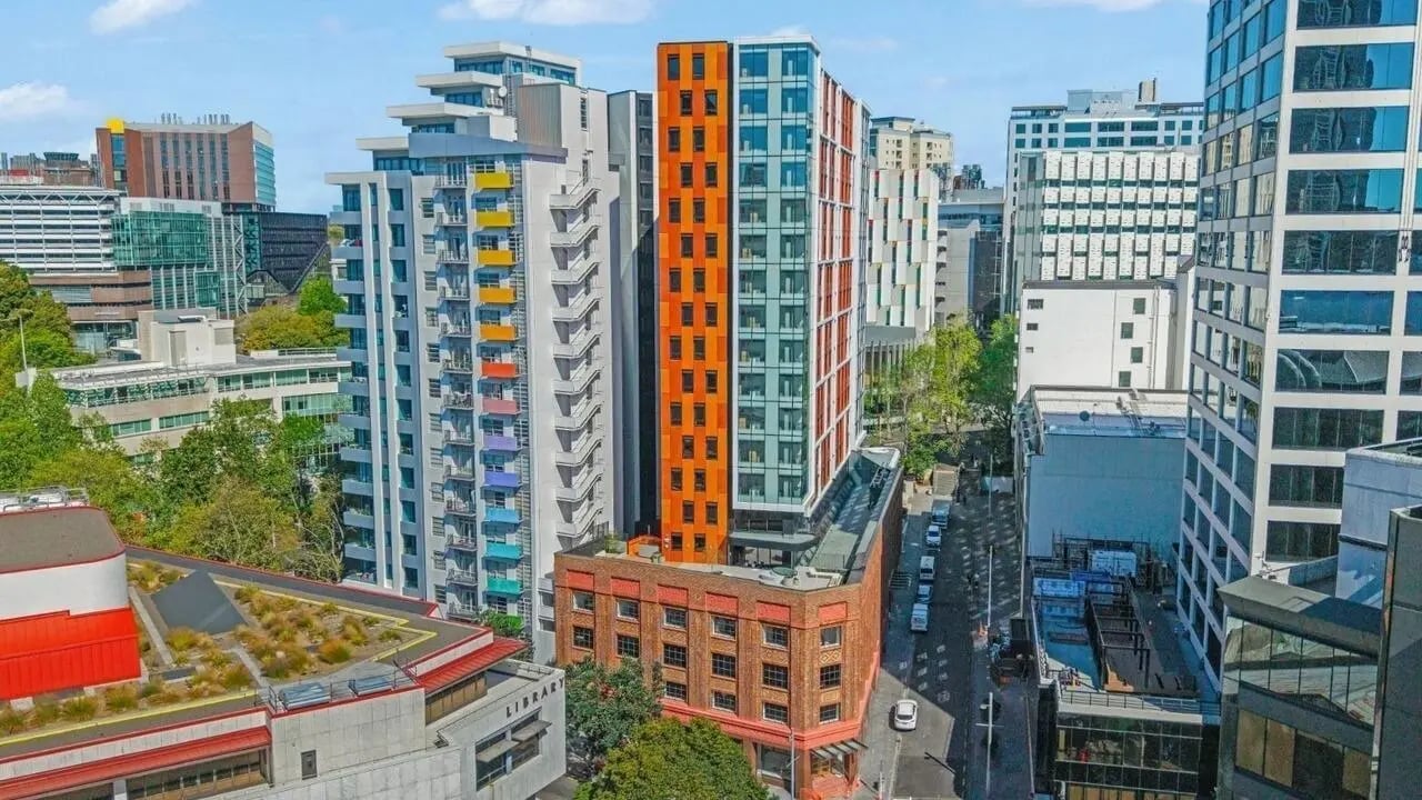 Colorful apartments on tall buildings exterior at UniLodge Auckland Central in Auckland Student Accommodation