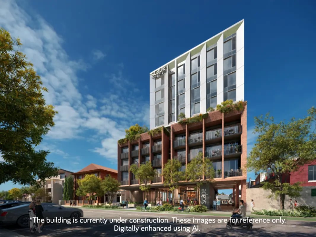 Modern building with balconies and trees exterior at Scape Ascot in Sydney Student Accommodation