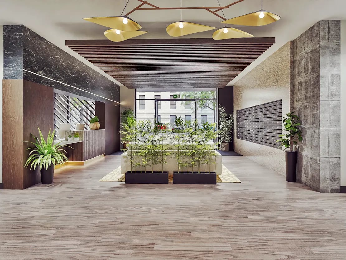 Reception area with plants and mailboxes lobby at Beckton House in Nottingham Student Accommodation