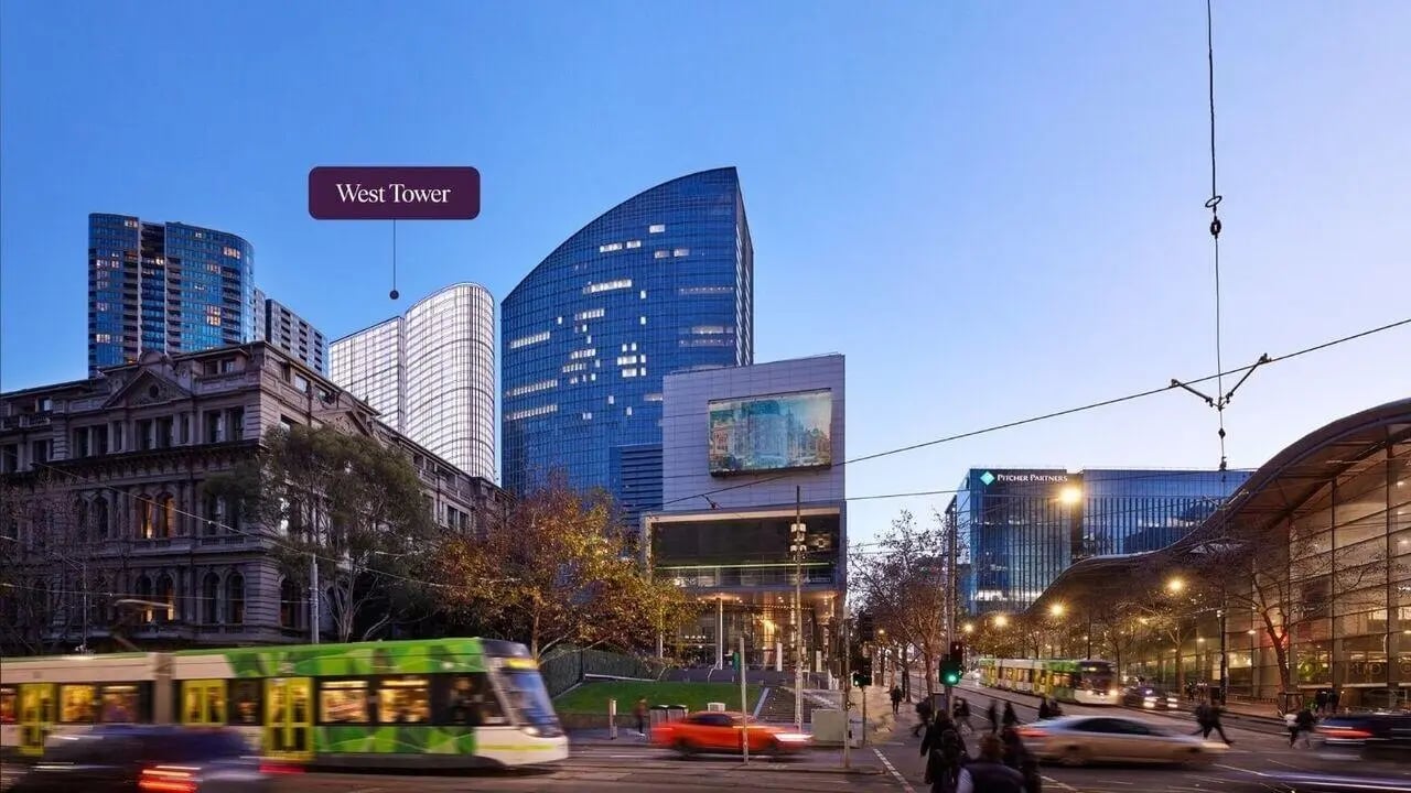 Modern buildings streetcars and cars exterior at West Tower, Melbourne Quarter in Melbourne Student Accommodation