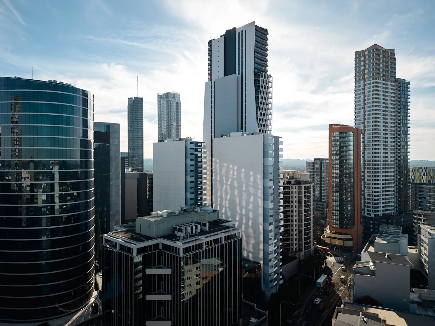 Tall modern buildings in city vista exterior at UKO Parramatta Central in Sydney Student Accommodation