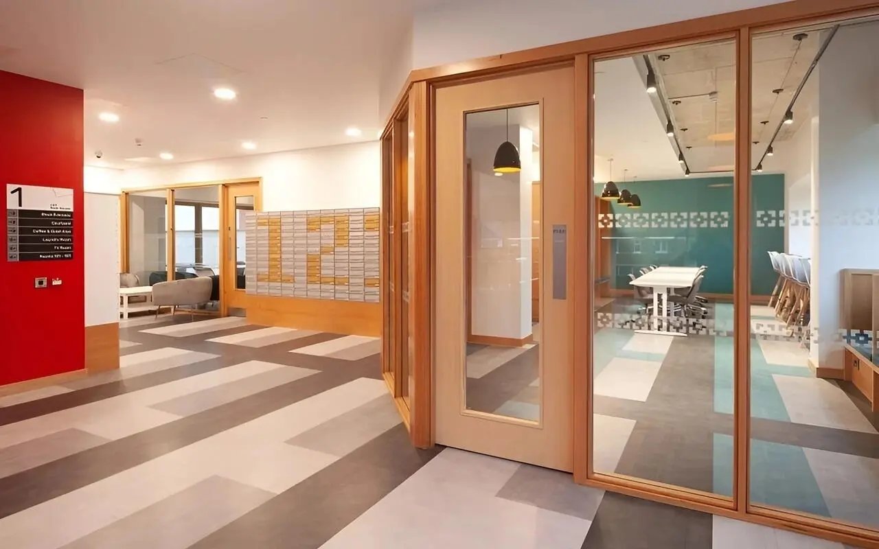 Entrance lobby with meeting room and seating area interior at 123 York Street in Belfast Student Accommodation