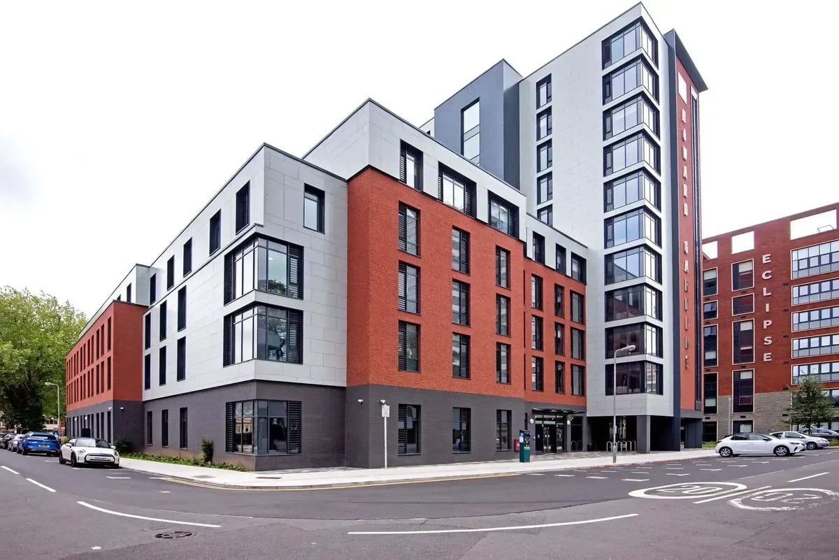 Modern brick and concrete student accommodation building exterior at Howard Gardens in Cardiff Student Accommodation