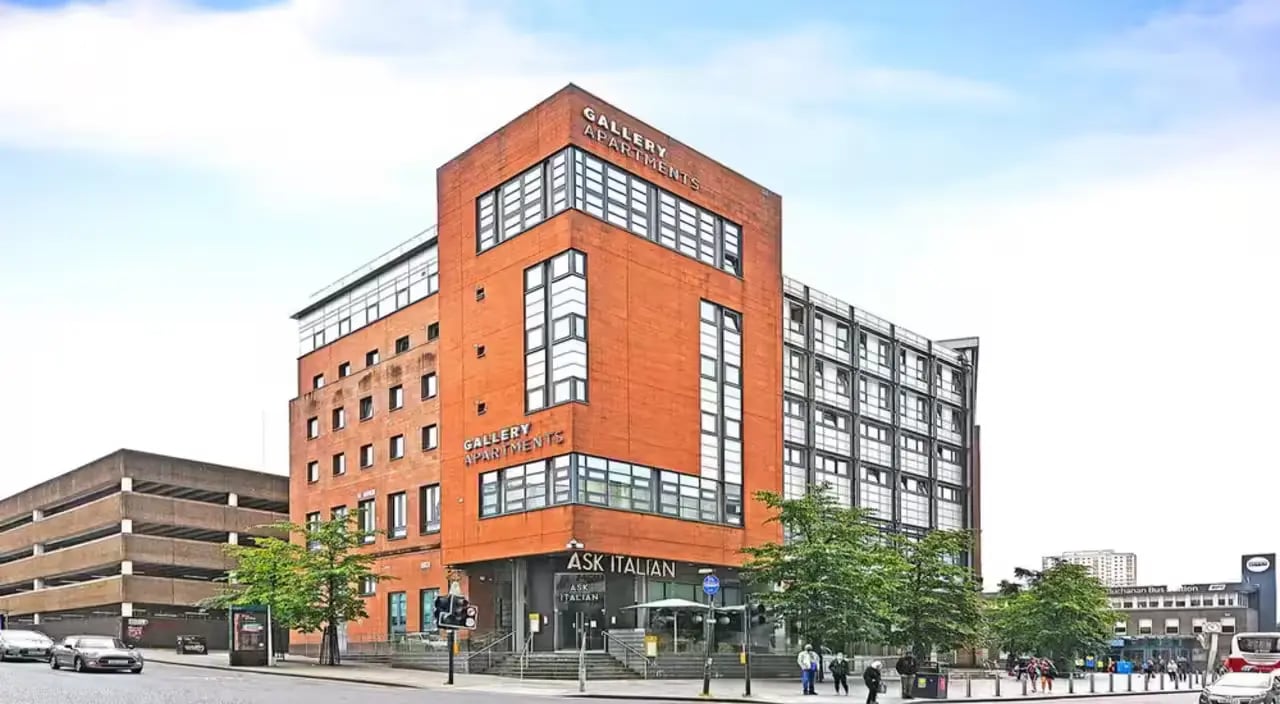 Gallery Apartments building with Ask Italian restaurant exterior at Gallery Apartments in Glasgow Student Accommodation
