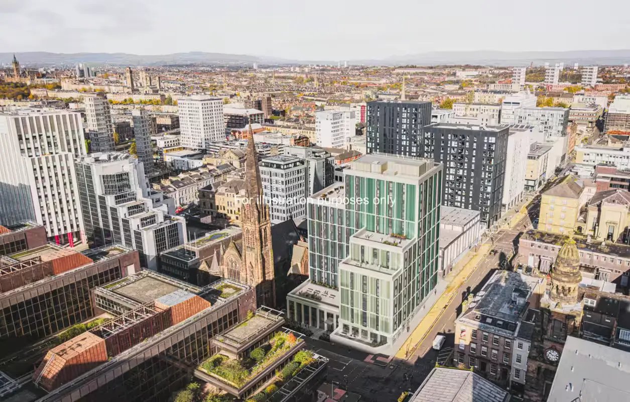Modern apartment building with cityscape view Exterior at St Vincent Studios in Glasgow Student Accommodation