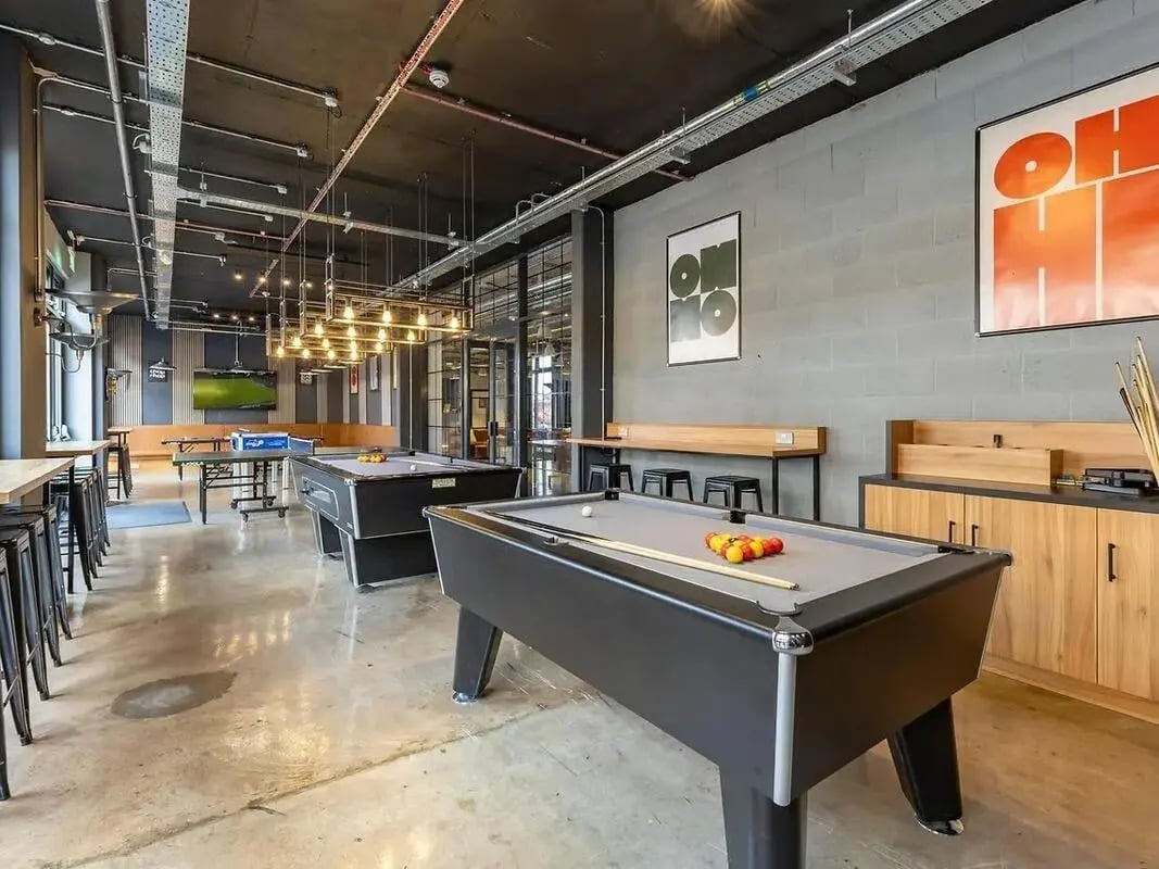 Pool tables and ping pong table common area at Globe Works in Birmingham Student Accommodation