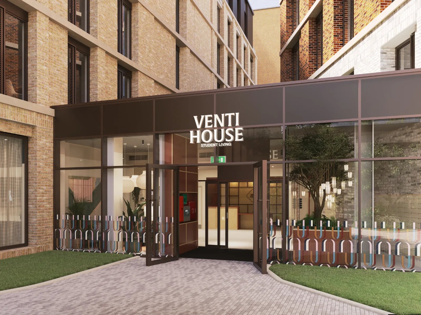 Ventihouse building entrance modern exterior design at Venti House in London Student Accommodation