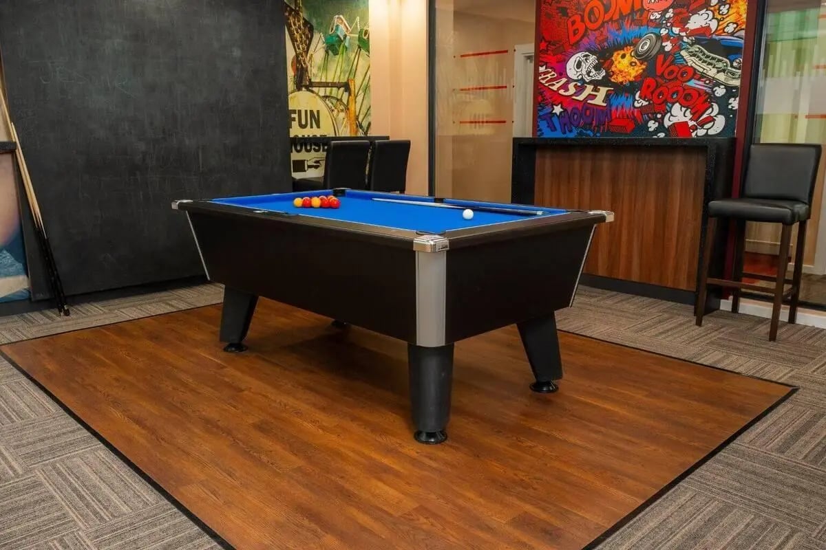 Pool table with balls and cues playing area at Marybone Student Village 1 in Liverpool Student Accommodation
