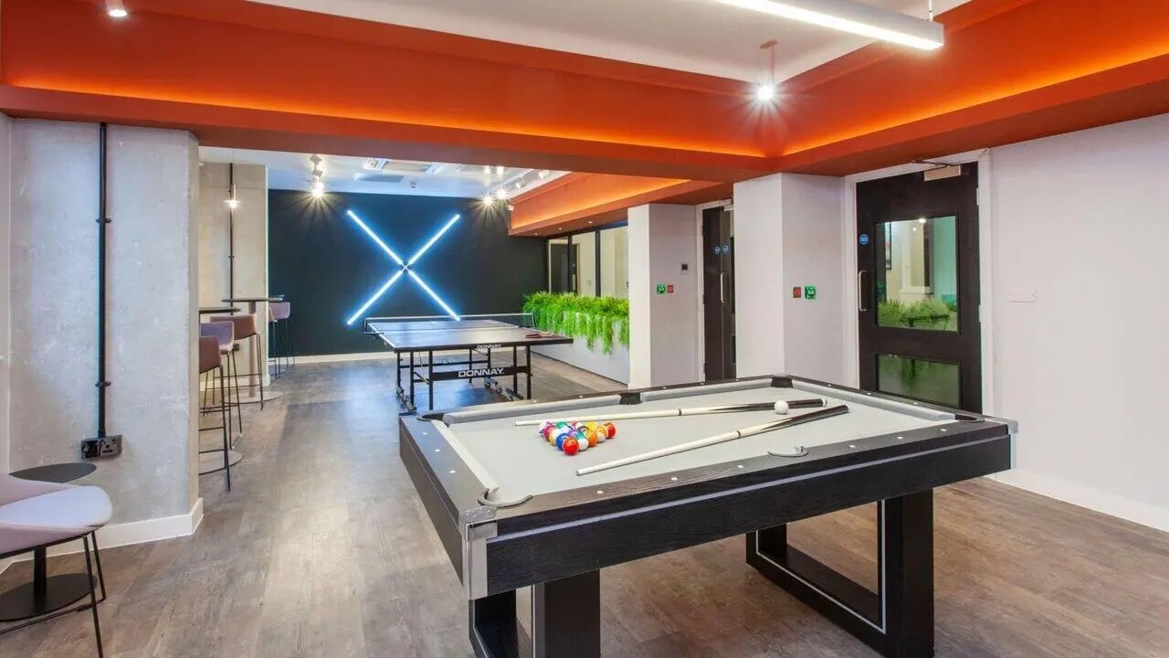 Pool table ping pong table seating playing area at Sheares Hall in Newcastle Upon Tyne Student Accommodation