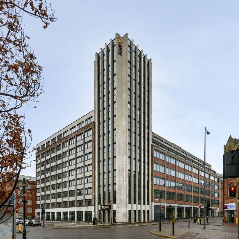 Tall student accommodation building with modern exterior exterior at True Leicester in Leicester Student Accommodation