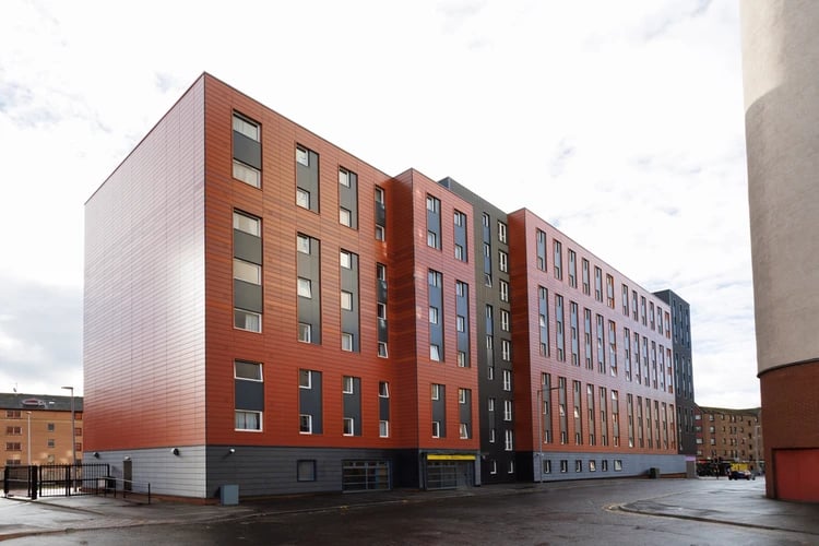Modern apartment building with many windows exterior at Blackfriars in Glasgow Student Accommodation