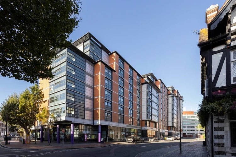 Modern brick building with glass windows exterior at Rosalind Franklin Halls in Portsmouth Student Accommodation