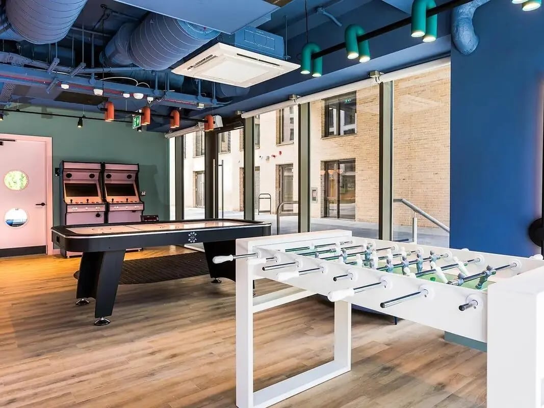 Games room with air hockey and foosball tables at Yugo Bottleworks in Cork Student Accommodation