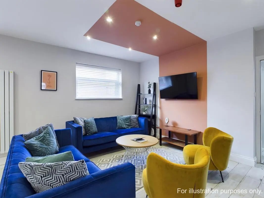 Blue couches yellow chairs coffee table living room at 7 Bedroom House at 5, CYRIL STREET in Manchester Student Accommodation