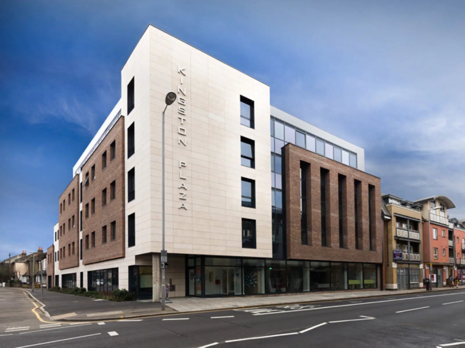 Kineton Plaza building exterior with brick and stone exterior exterior at AXO Kingston in Kingston Upon Thames Student Accommodation