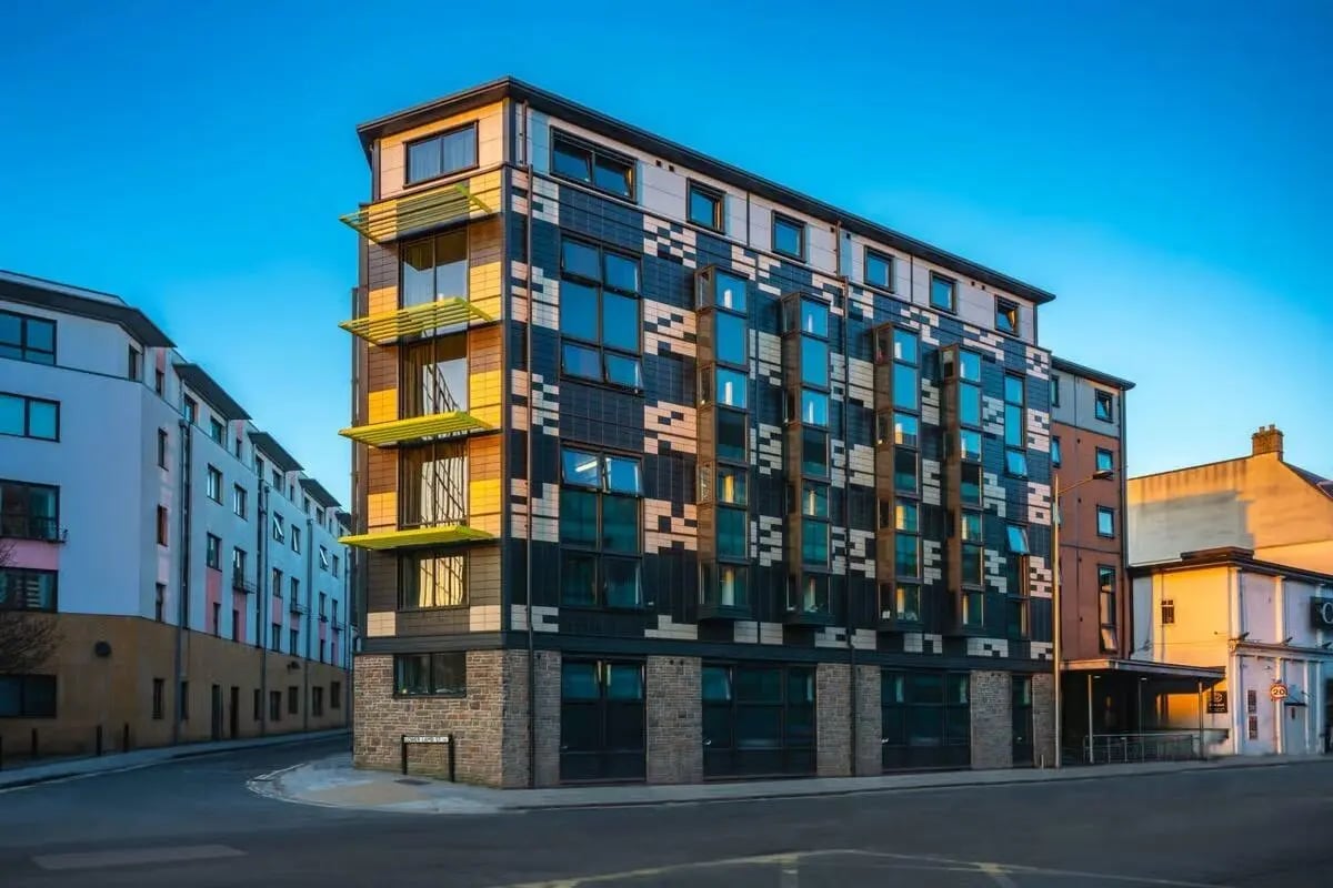 Modern student building with many windows exterior at Harbour Court in Bristol Student Accommodation