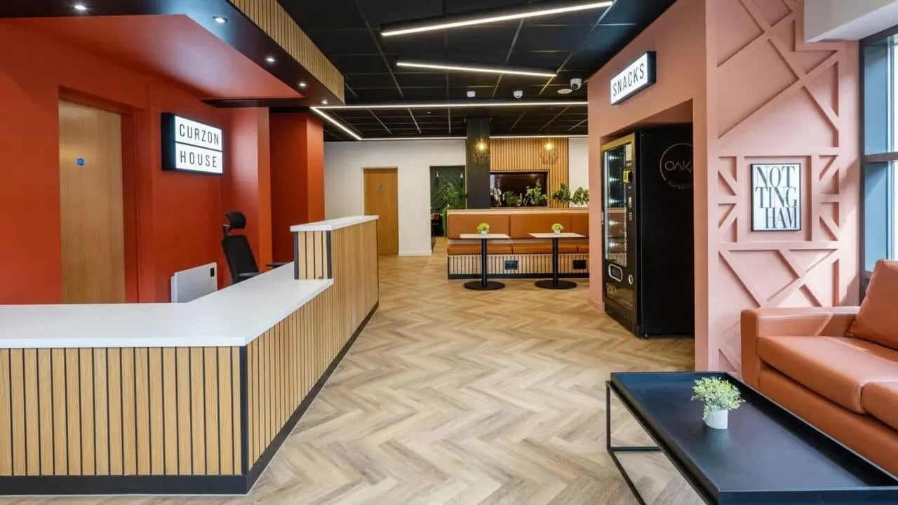 Reception desk snack vending machine seating area lobby at Curzon House in Nottingham Student Accommodation