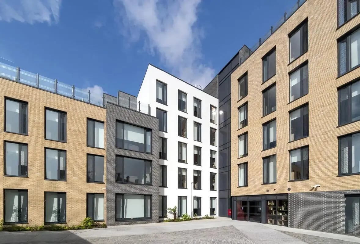 Modern brick buildings with many windows exterior at Stoneybatter Place in Dublin Student Accommodation