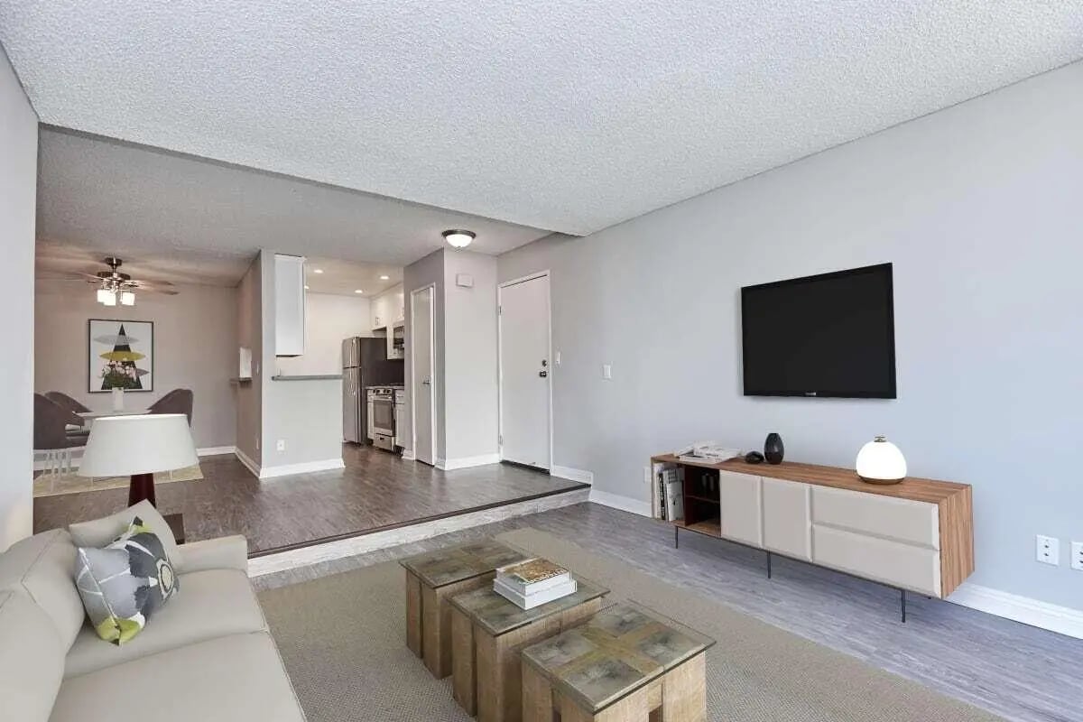 Sofa TV cabinet kitchen and dining living room at Ariel Court in Los Angeles Student Accommodation