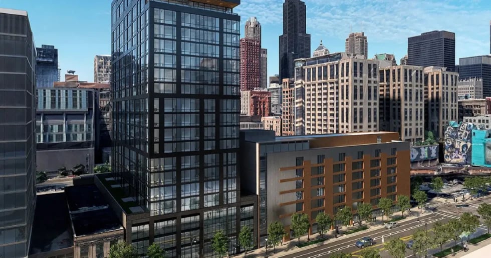 Modern buildings with glass facades and street view exterior at 626 on the Park in Chicago Student Accommodation