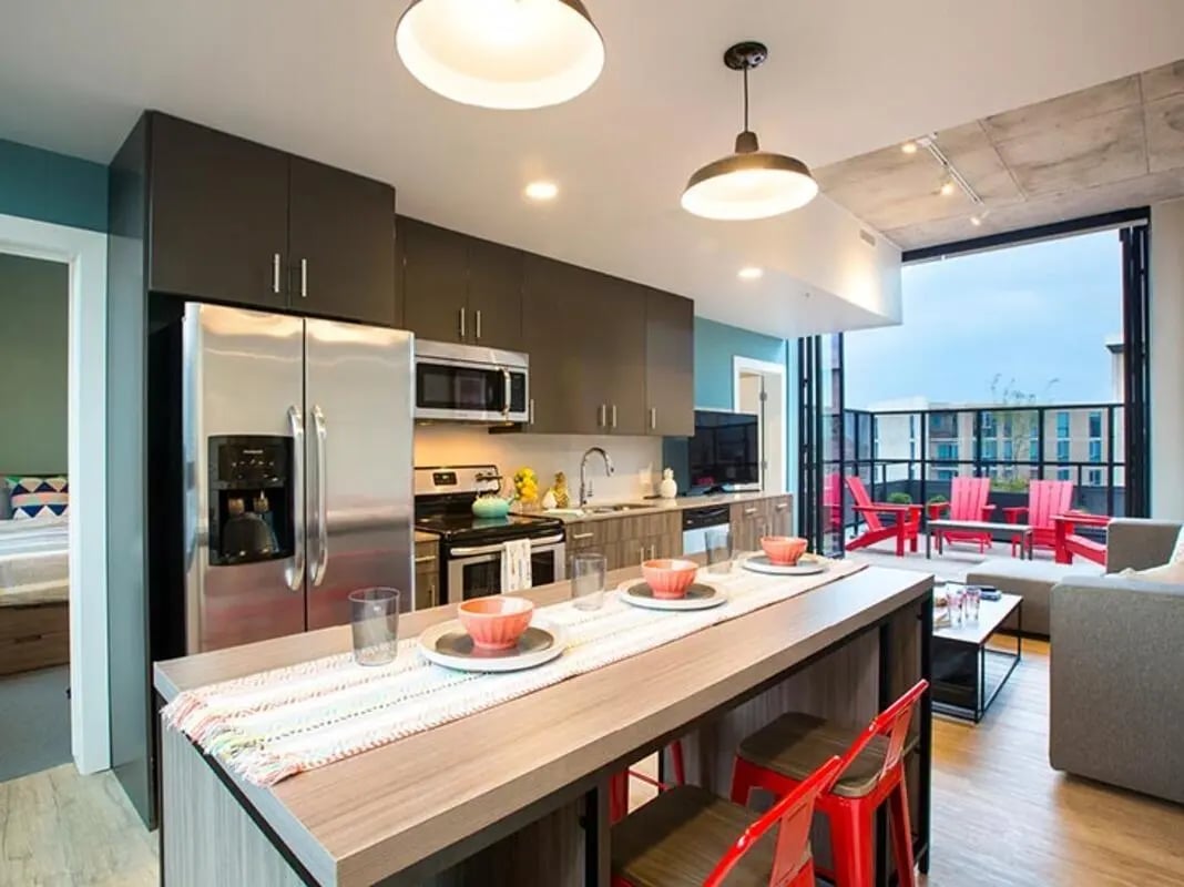 Modern kitchen with island living area balcony kitchen at The James in Richmond Student Accommodation