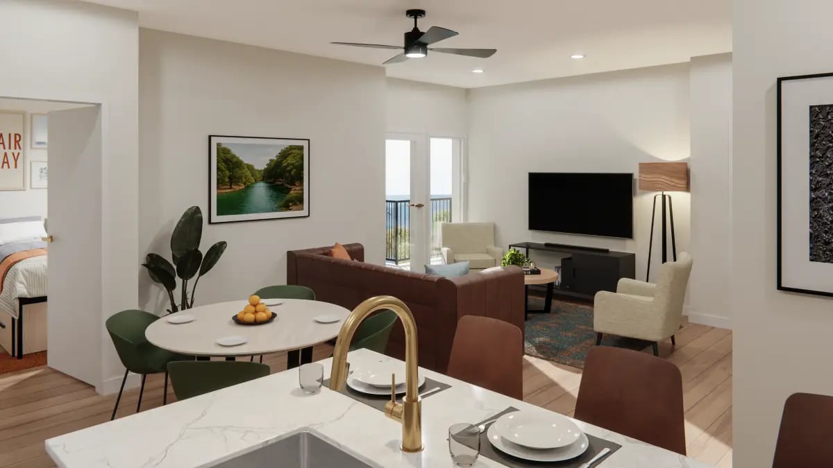 Kitchen table, couch, chairs, TV, balcony, bedroom living room at The Sinclair in Austin Student Accommodation