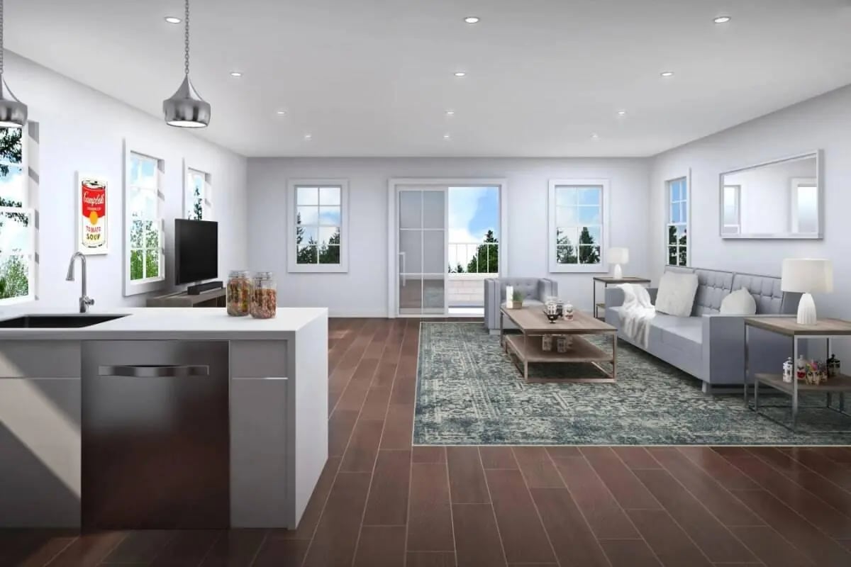 Kitchen with island living room with sofa Image Type at Campus Prime in Syracuse Student Accommodation