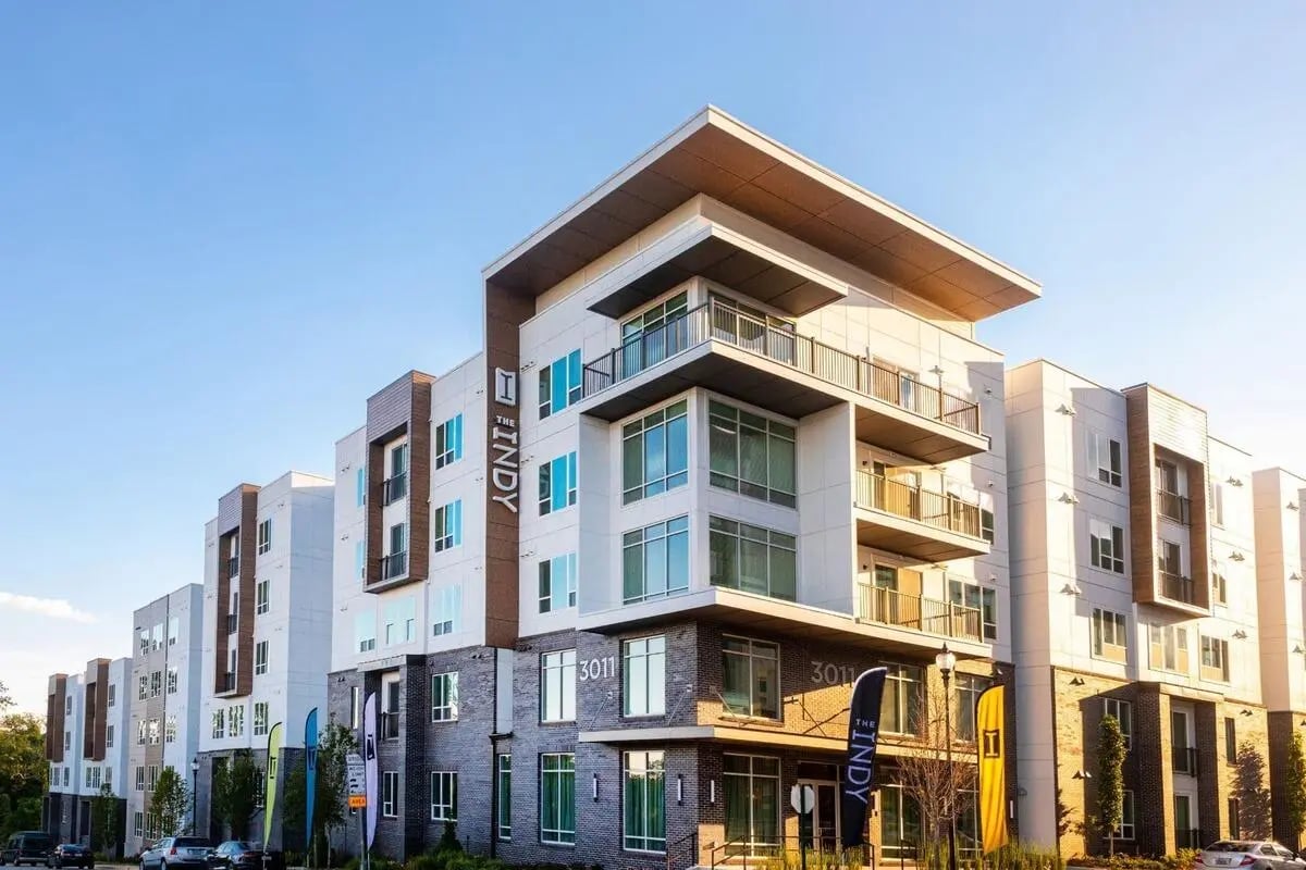 Modern apartment building with balconies and windows exterior at The Indy in Marietta Student Accommodation
