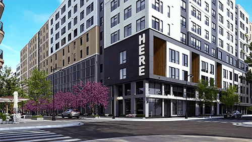 Modern apartment building with HERE sign exterior at HERE Pittsburgh in Pittsburgh Student Accommodation