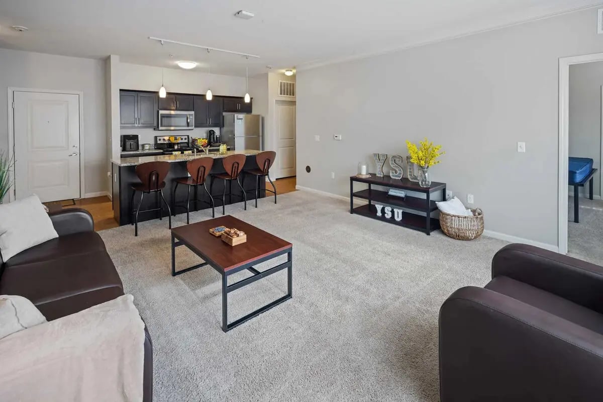 Kitchen island, sofas, coffee table, living room at University Edge Youngstown in Youngstown Student Accommodation