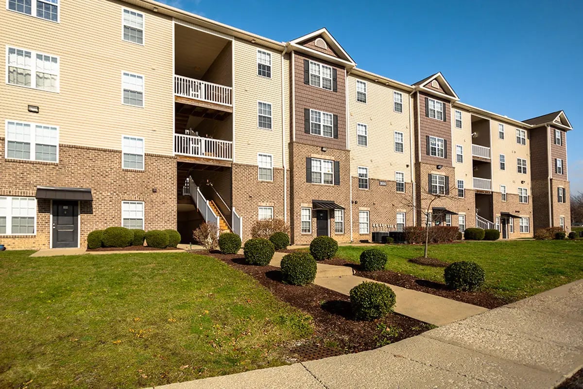 Apartment building exterior with balconies and stairs exterior at Mountain Valley Apartments in Morgantown Student Accommodation