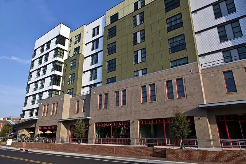 Modern building exterior with multiple windows exterior at Shortbread Lofts in Chapel Hill Student Accommodation