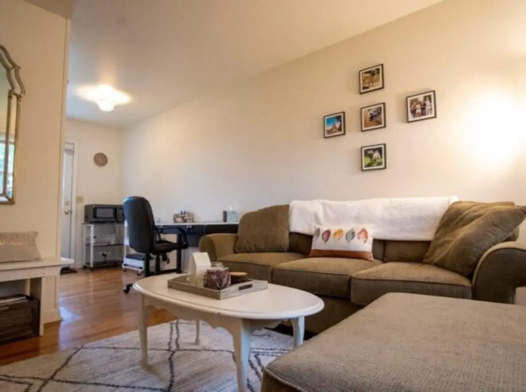Sofa desk microwave rug living room at Lakeside Vista in Ithaca Student Accommodation