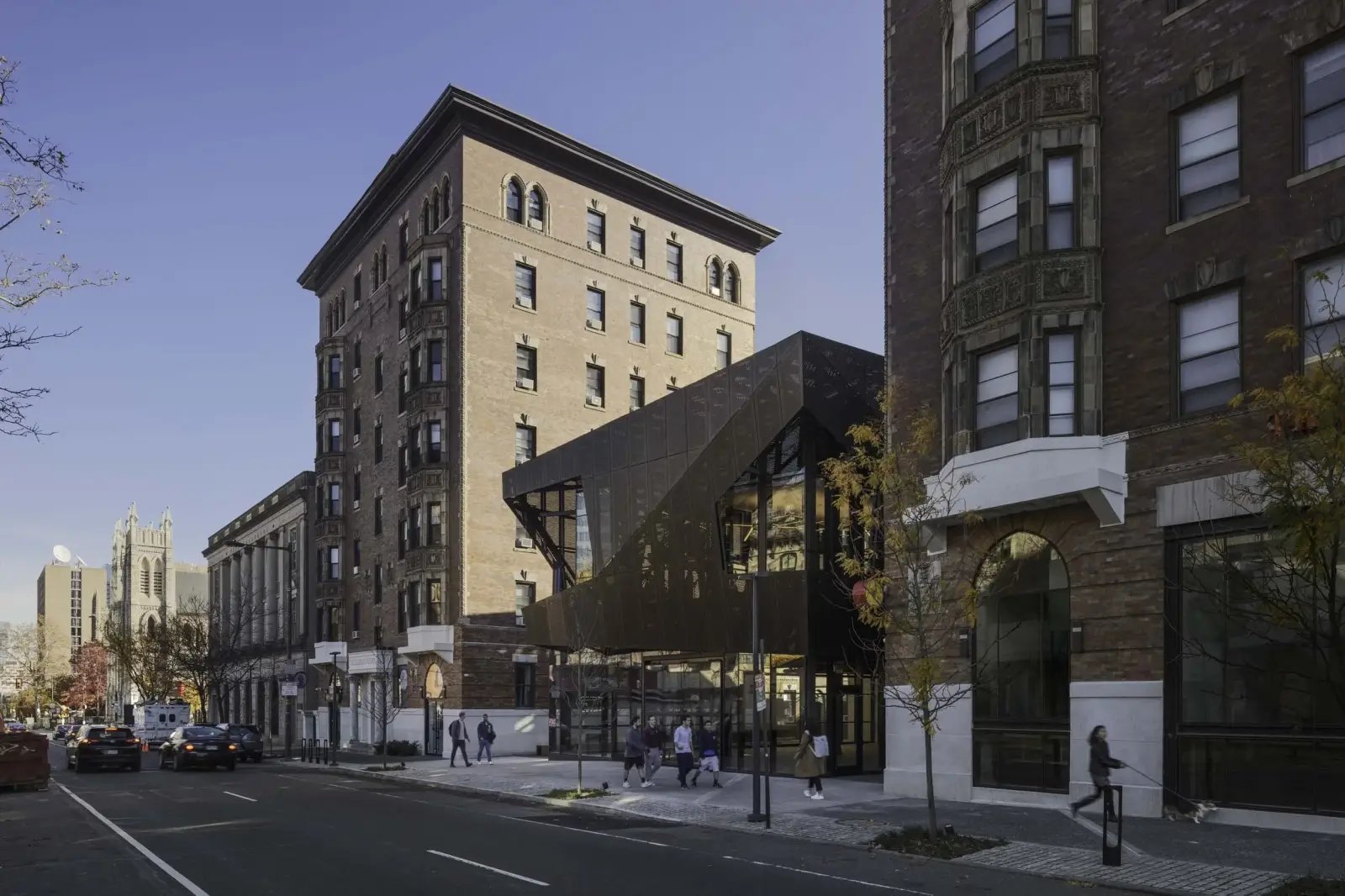 Modern entrance on brick building exterior at Hamilton Court in Philadelphia Student Accommodation