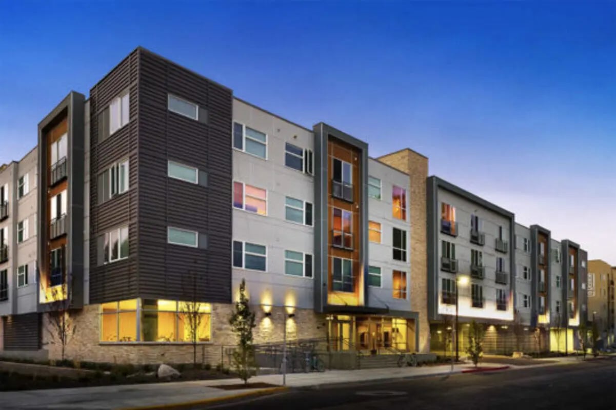 Modern apartment building with balconies and windows exterior at The Vista Apartments in Boise Student Accommodation