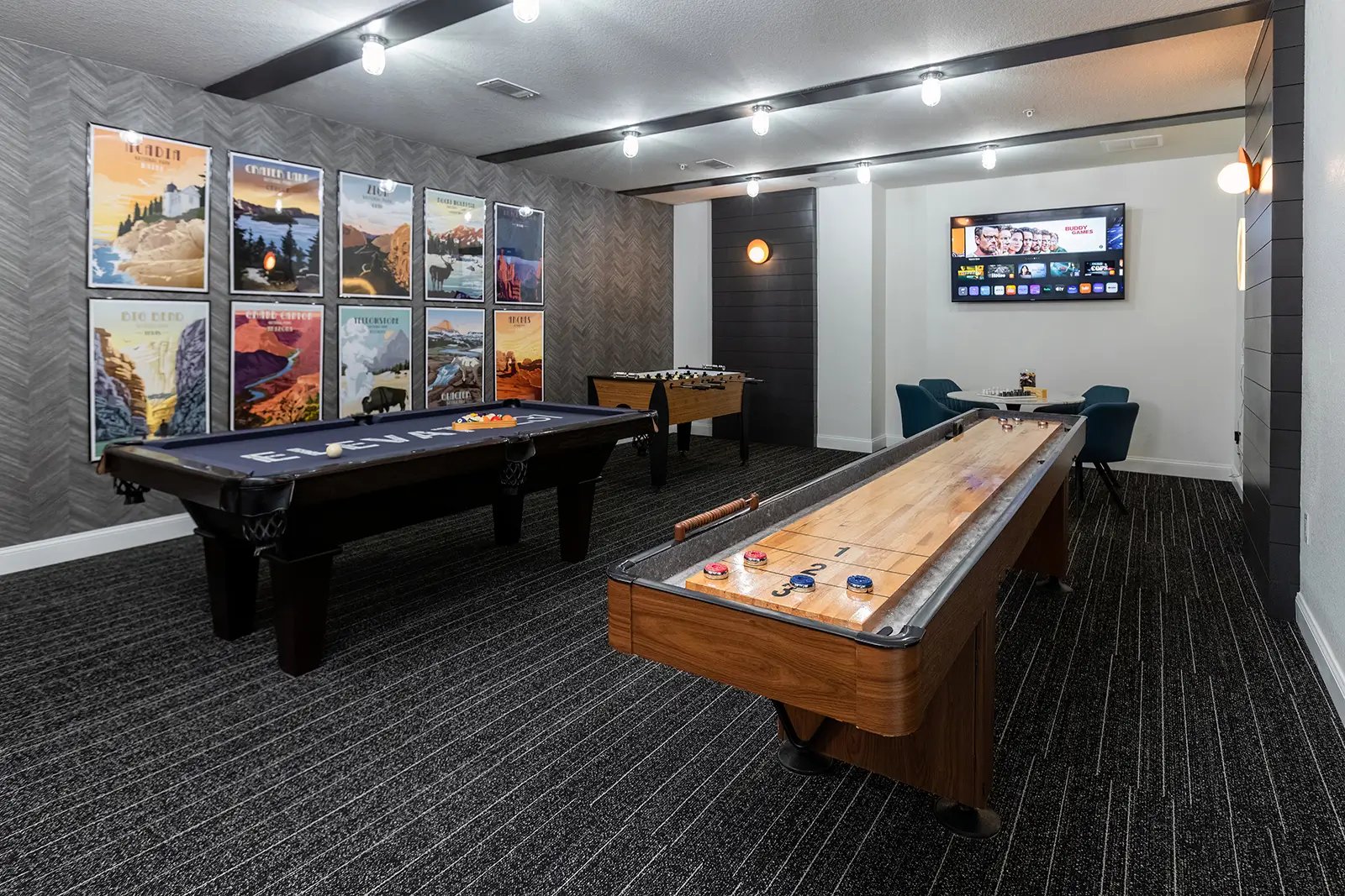 Pool table foosball shuffleboard recreation room at The Collective at Columbia in Columbia Student Accommodation