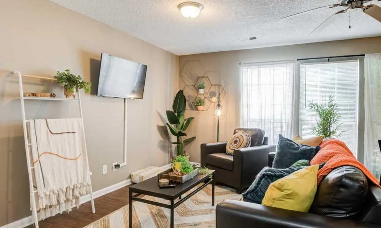 Couch chairs TV blanket plants coffee table living room at Alight State College in State College Student Accommodation