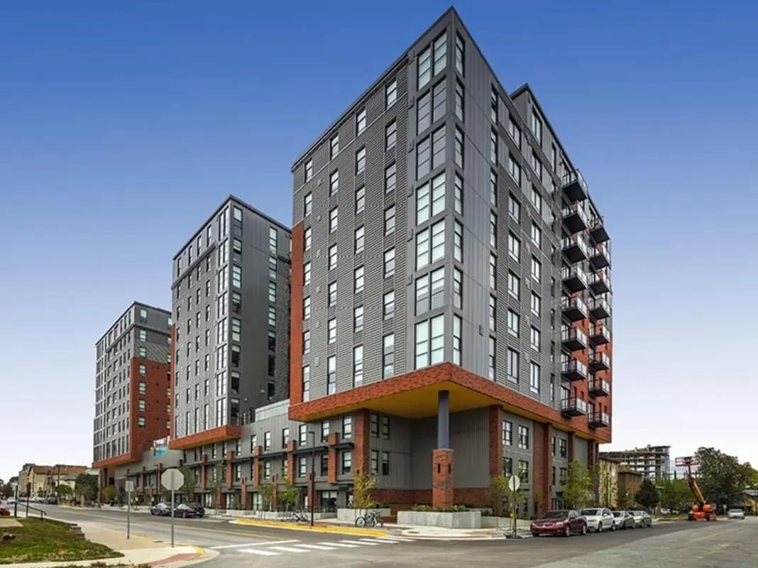 Modern apartment buildings with balconies and brick accents exterior at Campus Edge on Pierce in West Lafayette Student Accommodation