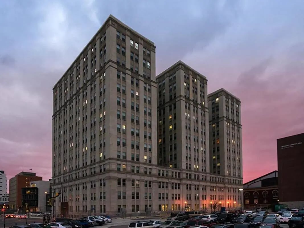 Tall buildings with many windows exterior at University Crossings in Philadelphia Student Accommodation