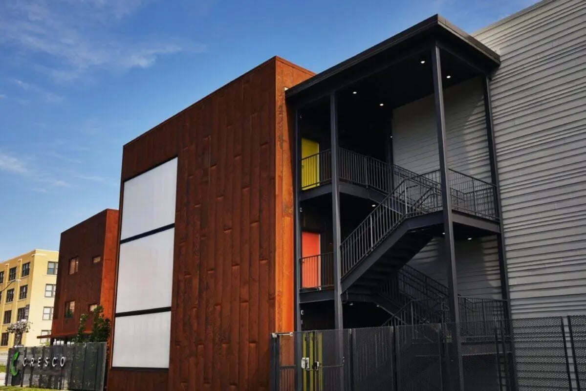 Modern building with metal exterior and stairs exterior at Park East in Springfield Student Accommodation