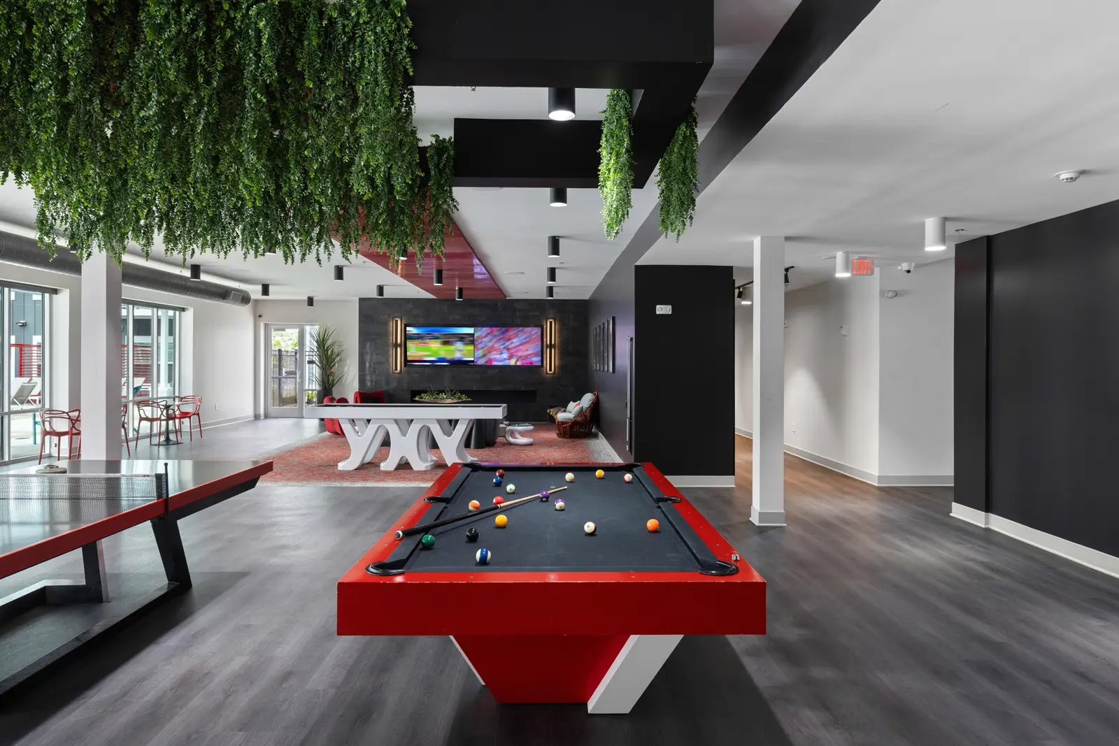 Red pool table ping pong table playing area at Atlas Athens in Athens Student Accommodation