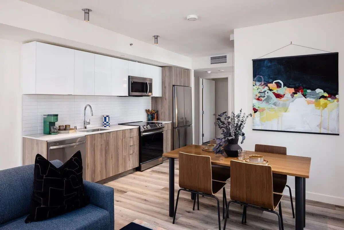 Modern kitchen with island table and artwork Kitchen at ACE Berkeley Student Apartments in Berkeley Student Accommodation