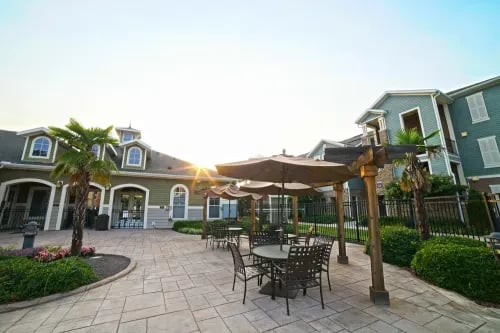 Paved patio tables umbrellas and palm trees exterior at The Letterman Greensboro in Greensboro Student Accommodation