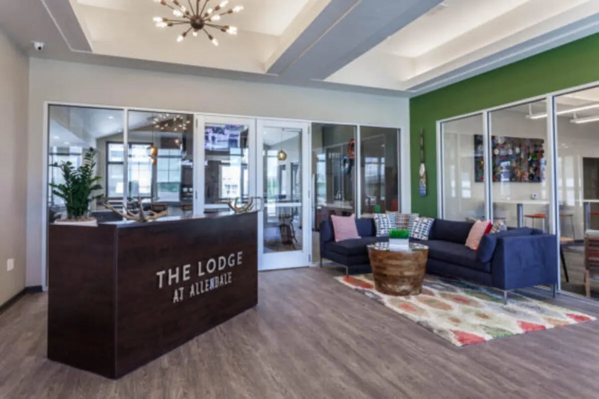 Reception desk and seating area lounge at The Lodge at Allendale in Allendale Student Accommodation
