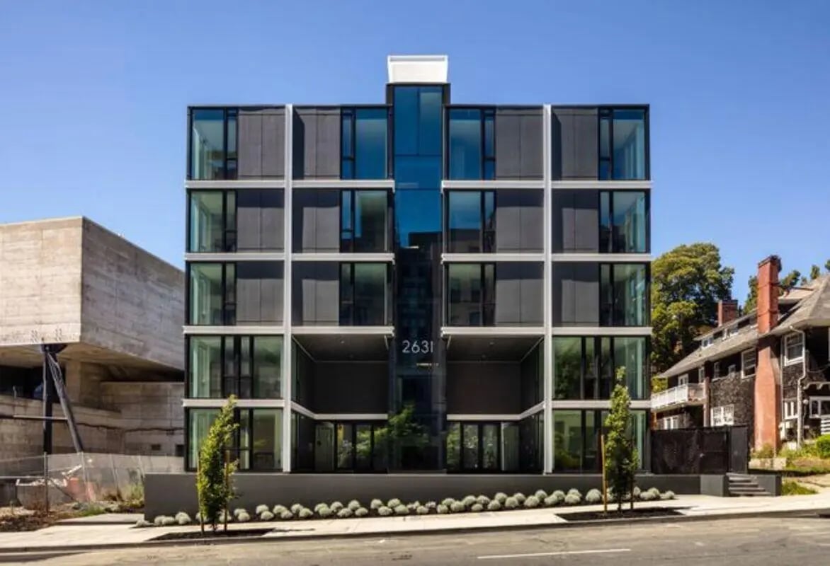 Modern apartment building with glass facade exterior at The Durant in Berkeley Student Accommodation
