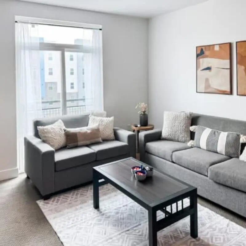 Gray sofas coffee table art living room at Promenade Place in Orem Student Accommodation