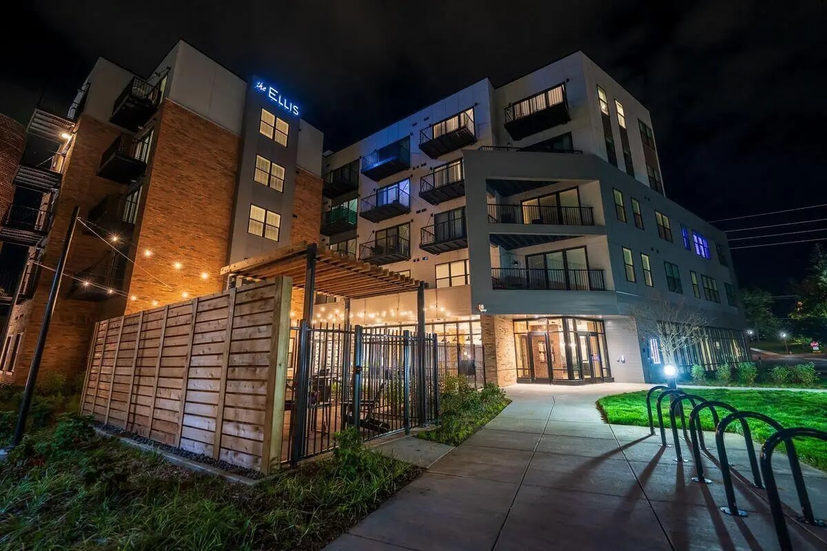 Modern building with balconies outdoor patio area exterior at The Ellis Apartments in Bloomington Student Accommodation