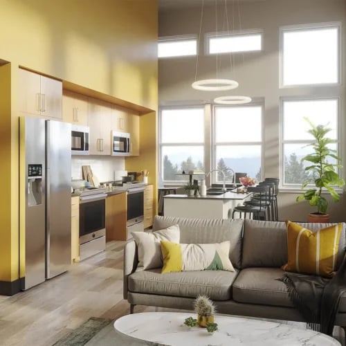 Modern apartment kitchen and living room interior at Ferry Street Flats in Eugene Student Accommodation