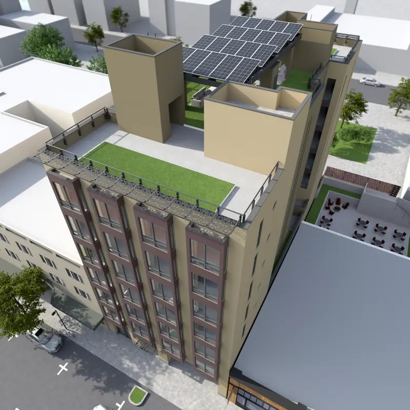 Modern building with solar panels rooftop terrace exterior at The Berkeley Place in Berkeley Student Accommodation