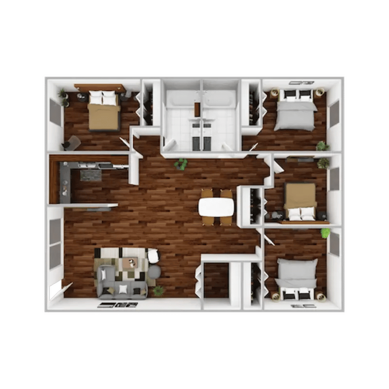 Floor plan with four bedrooms kitchen living area. at Campustown in Ames Student Accommodation